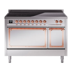 ILVE Nostalgie II 48-Inch Induction Range with 6 Induction Elements, 5.02 cu. ft. Oven, Stainless Steel with Copper Trim, Solid Door, UNI486QNMPSSP