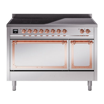 ILVE Nostalgie II 48-Inch Induction Range with 6 Induction Elements, 5.02 cu. ft. Oven, Stainless Steel with Copper Trim, Solid Door, UNI486QNMPSSP