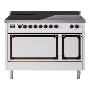 ILVE Nostalgie II 48-Inch Induction Range with 6 Induction Elements, 5.02 cu. ft. Oven, White with Burnished Trim, Solid Door, UNI486QNMPWHB
