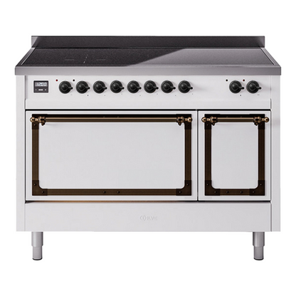 ILVE Nostalgie II 48-Inch Induction Range with 6 Induction Elements, 5.02 cu. ft. Oven, White with Burnished Trim, Solid Door, UNI486QNMPWHB