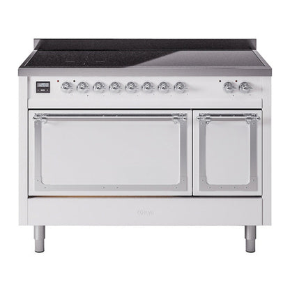 ILVE Nostalgie II 48-Inch Induction Range with 6 Induction Elements, 5.02 cu. ft. Oven, White with Chrome Trim, Solid Door, UNI486QNMPWHC