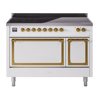 ILVE Nostalgie II 48-Inch Induction Range with 6 Induction Elements, 5.02 cu. ft. Oven, White with Brass Trim, Solid Door, UNI486QNMPWHG