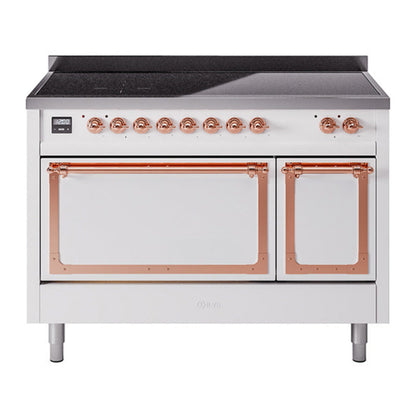 ILVE Nostalgie II 48-Inch Induction Range with 6 Induction Elements, 5.02 cu. ft. Oven, White with Copper Trim, Solid Door, UNI486QNMPWHP