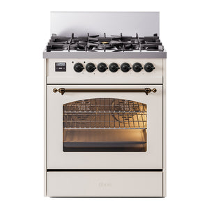 ILVE Nostalgie II 30-Inch Dual Fuel Range with 5 Sealed Burners, 4 cu. ft. Oven, Antique White with Burnished Trim, Liquid Propane, Triple Glass Door, UP30NMPAWBLP