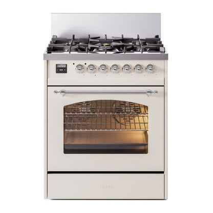 ILVE Nostalgie II 30-Inch Dual Fuel Range with 5 Sealed Burners, 4 cu. ft. Oven, Antique White with Chrome Trim, Natural Gas, Triple Glass Door, UP30NMPAWC