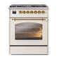 ILVE Nostalgie II 30-Inch Dual Fuel Range with 5 Sealed Burners, 4 cu. ft. Oven, Antique White with Brass Trim, Liquid Propane, Triple Glass Door, UP30NMPAWGLP