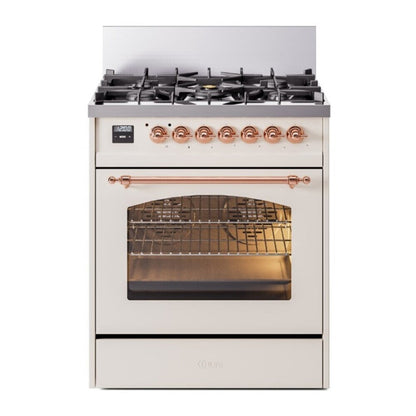 ILVE Nostalgie II 30-Inch Dual Fuel Range with 5 Sealed Burners, 4 cu. ft. Oven, Antique White with Copper Trim, Liquid Propane, Triple Glass Door, UP30NMPAWPLP