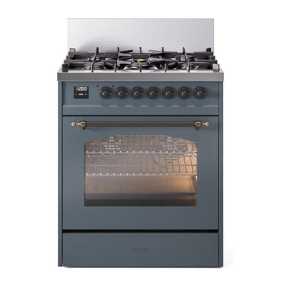 ILVE Nostalgie II 30-Inch Dual Fuel Range with 5 Sealed Burners, 4 cu. ft. Oven, Blue Grey with Burnished Trim, Natural Gas, Triple Glass Door, UP30NMPBGB