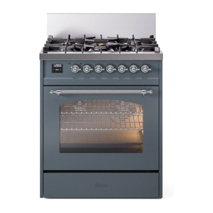 ILVE Nostalgie II 30-Inch Dual Fuel Range with 5 Sealed Burners, 4 cu. ft. Oven, Blue Grey with Chrome Trim, Natural Gas, Triple Glass Door, UP30NMPBGC