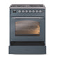 ILVE Nostalgie II 30-Inch Dual Fuel Range with 5 Sealed Burners, 4 cu. ft. Oven, Blue Grey with Chrome Trim, Natural Gas, Triple Glass Door, UP30NMPBGC