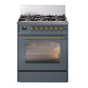 ILVE Nostalgie II 30-Inch Dual Fuel Range with 5 Sealed Burners, 4 cu. ft. Oven, Blue Grey with Brass Trim, Liquid Propane, Triple Glass Door, UP30NMPBGGLP