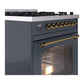 ILVE Nostalgie II 30-Inch Dual Fuel Range with 5 Sealed Burners, 4 cu. ft. Oven, Blue Grey with Brass Trim, Liquid Propane, Triple Glass Door, UP30NMPBGGLP