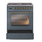 ILVE Nostalgie II 30-Inch Dual Fuel Range with 5 Sealed Burners, 4 cu. ft. Oven, Blue Grey with Brass Trim, Liquid Propane, Triple Glass Door, UP30NMPBGGLP