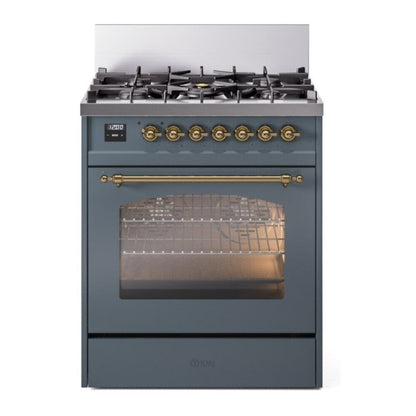 ILVE Nostalgie II 30-Inch Dual Fuel Range with 5 Sealed Burners, 4 cu. ft. Oven, Blue Grey with Brass Trim, Natural Gas, Triple Glass Door, UP30NMPBGG