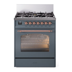 ILVE Nostalgie II 30-Inch Dual Fuel Range with 5 Sealed Burners, 4 cu. ft. Oven, Blue Grey with Copper Trim, Liquid Propane, Triple Glass Door, UP30NMPBGPLP