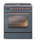 ILVE Nostalgie II 30-Inch Dual Fuel Range with 5 Sealed Burners, 4 cu. ft. Oven, Blue Grey with Copper Trim, Natural Gas, Triple Glass Door, UP30NMPBGP