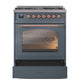 ILVE Nostalgie II 30-Inch Dual Fuel Range with 5 Sealed Burners, 4 cu. ft. Oven, Blue Grey with Copper Trim, Natural Gas, Triple Glass Door, UP30NMPBGP