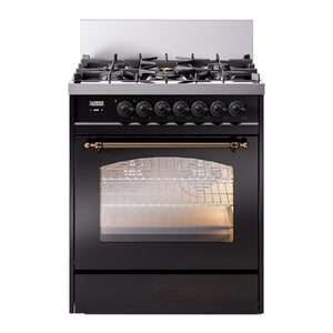 ILVE Nostalgie II 30-Inch Dual Fuel Range with 5 Sealed Burners, 4 cu. ft. Oven, Glossy Black with Burnished Trim, Liquid Propane, Triple Glass Door, UP30NMPBKBLP
