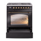 ILVE Nostalgie II 30-Inch Dual Fuel Range with 5 Sealed Burners, 4 cu. ft. Oven, Glossy Black with Burnished Trim, Liquid Propane, Triple Glass Door, UP30NMPBKBLP