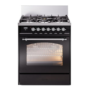 ILVE Nostalgie II 30-Inch Dual Fuel Range with 5 Sealed Burners, 4 cu. ft. Oven, Glossy Black with Chrome Trim, Liquid Propane, Triple Glass Door, UP30NMPBKCLP