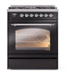 ILVE Nostalgie II 30-Inch Dual Fuel Range with 5 Sealed Burners, 4 cu. ft. Oven, Glossy Black with Chrome Trim, Liquid Propane, Triple Glass Door, UP30NMPBKCLP