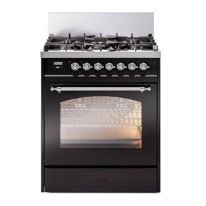ILVE Nostalgie II 30-Inch Dual Fuel Range with 5 Sealed Burners, 4 cu. ft. Oven, Glossy Black with Chrome Trim, Natural Gas, Triple Glass Door, UP30NMPBKC