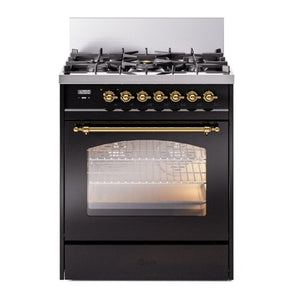 ILVE Nostalgie II 30-Inch Dual Fuel Range with 5 Sealed Burners, 4 cu. ft. Oven, Glossy Black with Brass Trim, Liquid Propane, Triple Glass Door, UP30NMPBKGLP