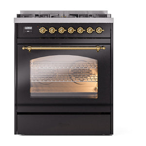 ILVE Nostalgie II 30-Inch Dual Fuel Range with 5 Sealed Burners, 4 cu. ft. Oven, Glossy Black with Brass Trim, Liquid Propane, Triple Glass Door, UP30NMPBKGLP