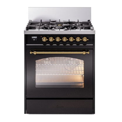 ILVE Nostalgie II 30-Inch Dual Fuel Range with 5 Sealed Burners, 4 cu. ft. Oven, Glossy Black with Brass Trim, Natural Gas, Triple Glass Door, UP30NMPBKG