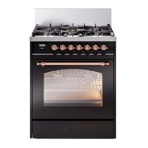 ILVE Nostalgie II 30-Inch Dual Fuel Range with 5 Sealed Burners, 4 cu. ft. Oven, Glossy Black with Copper Trim, Natural Gas, Triple Glass Door, UP30NMPBKP