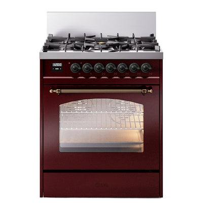 ILVE Nostalgie II 30-Inch Dual Fuel Range with 5 Sealed Burners, 4 cu. ft. Oven, Burgundy with Burnished Trim, Liquid Propane, Triple Glass Door, UP30NMPBUBLP