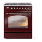 ILVE Nostalgie II 30-Inch Dual Fuel Range with 5 Sealed Burners, 4 cu. ft. Oven, Burgundy with Burnished Trim, Liquid Propane, Triple Glass Door, UP30NMPBUBLP