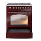 ILVE Nostalgie II 30-Inch Dual Fuel Range with 5 Sealed Burners, 4 cu. ft. Oven, Burgundy with Burnished Trim, Liquid Propane, Triple Glass Door, UP30NMPBUBLP