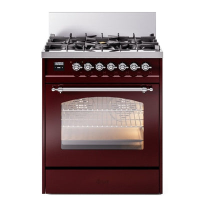 ILVE Nostalgie II 30-Inch Dual Fuel Range with 5 Sealed Burners, 4 cu. ft. Oven, Burgundy with Chrome Trim, Liquid Propane, Triple Glass Door, UP30NMPBUCLP