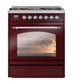 ILVE Nostalgie II 30-Inch Dual Fuel Range with 5 Sealed Burners, 4 cu. ft. Oven, Burgundy with Chrome Trim, Liquid Propane, Triple Glass Door, UP30NMPBUCLP