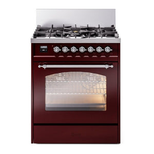 ILVE Nostalgie II 30-Inch Dual Fuel Range with 5 Sealed Burners, 4 cu. ft. Oven, Burgundy with Chrome Trim, Natural Gas, Triple Glass Door, UP30NMPBUC