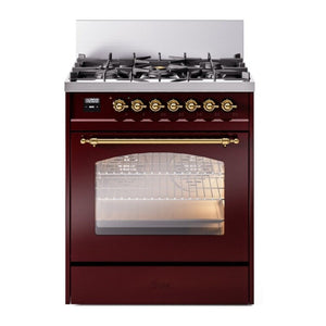 ILVE Nostalgie II 30-Inch Dual Fuel Range with 5 Sealed Burners, 4 cu. ft. Oven, Burgundy with Brass Trim, Liquid Propane, Triple Glass Door, UP30NMPBUGLP
