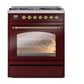ILVE Nostalgie II 30-Inch Dual Fuel Range with 5 Sealed Burners, 4 cu. ft. Oven, Burgundy with Brass Trim, Liquid Propane, Triple Glass Door, UP30NMPBUGLP