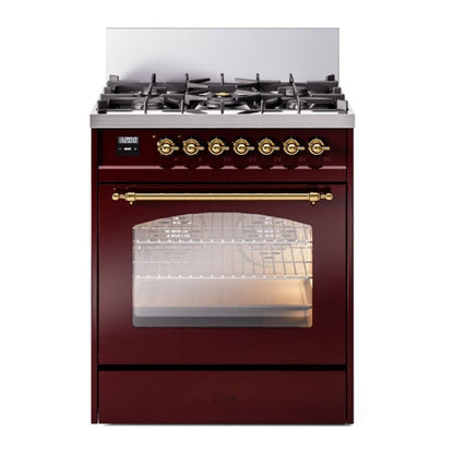ILVE Nostalgie II 30-Inch Dual Fuel Range with 5 Sealed Burners, 4 cu. ft. Oven, Burgundy with Brass Trim, Natural Gas, Triple Glass Door, UP30NMPBUG