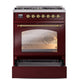 ILVE Nostalgie II 30-Inch Dual Fuel Range with 5 Sealed Burners, 4 cu. ft. Oven, Burgundy with Brass Trim, Natural Gas, Triple Glass Door, UP30NMPBUG