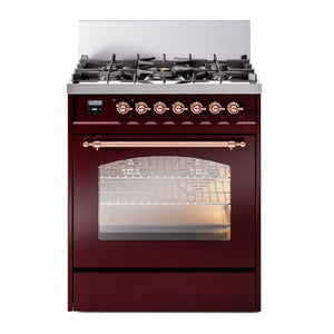 ILVE Nostalgie II 30-Inch Dual Fuel Range with 5 Sealed Burners, 4 cu. ft. Oven, Burgundy with Copper Trim, Natural Gas, Triple Glass Door, UP30NMPBUP