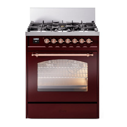 ILVE Nostalgie II 30-Inch Dual Fuel Range with 5 Sealed Burners, 4 cu. ft. Oven, Burgundy with Copper Trim, Natural Gas, Triple Glass Door, UP30NMPBUP