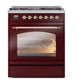 ILVE Nostalgie II 30-Inch Dual Fuel Range with 5 Sealed Burners, 4 cu. ft. Oven, Burgundy with Copper Trim, Natural Gas, Triple Glass Door, UP30NMPBUP