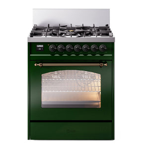 ILVE Nostalgie II 30-Inch Dual Fuel Range with 5 Sealed Burners, 4 cu. ft. Oven, Emerald Green with Burnished Trim, Natural Gas, Triple Glass Door, UP30NMPEGB
