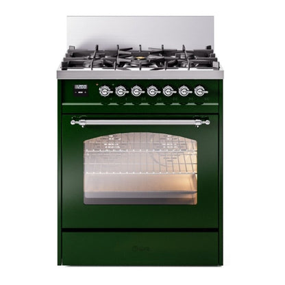 ILVE Nostalgie II 30-Inch Dual Fuel Range with 5 Sealed Burners, 4 cu. ft. Oven, Emerald Green with Chrome Trim, Natural Gas, Triple Glass Door, UP30NMPEGC