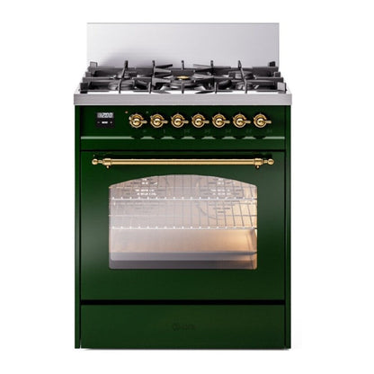 ILVE Nostalgie II 30-Inch Dual Fuel Range with 5 Sealed Burners, 4 cu. ft. Oven, Emerald Green with Brass Trim, Liquid Propane, Triple Glass Door, UP30NMPEGGLP