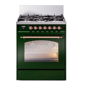 ILVE Nostalgie II 30-Inch Dual Fuel Range with 5 Sealed Burners, 4 cu. ft. Oven, Emerald Green with Copper Trim, Liquid Propane, Triple Glass Door, UP30NMPEGPLP