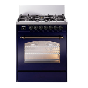 ILVE Nostalgie II 30-Inch Dual Fuel Range with 5 Sealed Burners, 4 cu. ft. Oven, Midnight Blue with Burnished Trim, Liquid Propane, Triple Glass Door, UP30NMPMBBLP