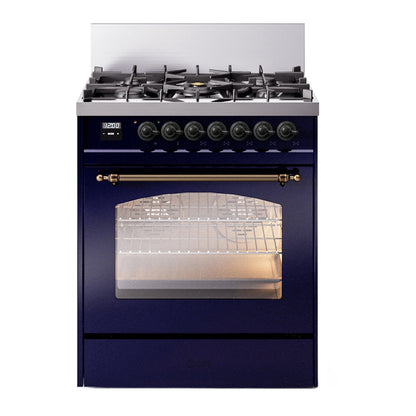 ILVE Nostalgie II 30-Inch Dual Fuel Range with 5 Sealed Burners, 4 cu. ft. Oven, Midnight Blue with Burnished Trim, Natural Gas, Triple Glass Door, UP30NMPMBB