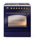ILVE Nostalgie II 30-Inch Dual Fuel Range with 5 Sealed Burners, 4 cu. ft. Oven, Midnight Blue with Burnished Trim, Natural Gas, Triple Glass Door, UP30NMPMBB